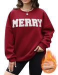 Voqeen Merry Letter Patch Christmas Sweatshirt Women's Fleece Pullover Streetwear Oversized Sweatshirt(Red,XXL)