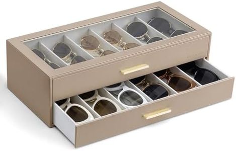VLANDO 12-Grid Sunglasses Organizer Case, Large Capacity Eyeglass Storage Box with Clear Lid & 2 Drawers, PU Leather Holder for Women Men, Ideal Gift for Eyewear Lovers - Toffee