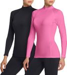 TSLA Women's Thermal Long Sleeve Tops, Crew Neck Shirts, Fleece Lined Compression Base Layer, Heat Core Mock Neck 2pack Black/Pink, M