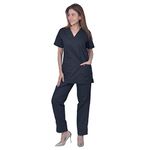 FRENCH TERRAIN® UNISEX V-NECK POLYESTER COTTON MEDICAL SCRUB SUIT FOR DOCTORS (TOP AND BOTTOM) TRIPLE NEEDLE STITCH TOP WITH CHEST POCKET, BLACK, 40–L.