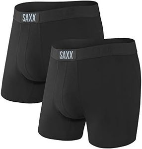SAXX Men's Underwear -VIBE Super Soft Boxer Briefs with Fly and Built-In Pouch Support- Underwear for men, Pack of 2, Black/Black, Medium, Black/Black, M