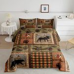 Erosebridal Rustic Lodge Bear Moose Deer Bedding Set Twin,Countryside Hunting Theme Comforter for Men Boys Adults Room Decor,Retro Patchwork Buffalo Plaid Duvet Insert,Boho Tribal Cabin Quilt,2 Piece