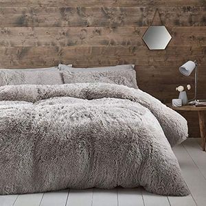 Catherine Lansfield Cuddly Deep Pile Faux Fur Double Duvet Cover Set with Pillowcases Silver Grey