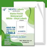 Neato Blank White Full Sheet Printable Labels - Matte Finish - Water Resistant Vinyl Printable Sticker Paper - Online Design Label Studio Included 10 Sheets White