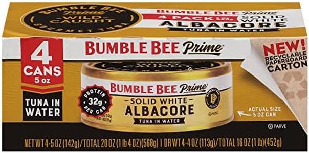 Bumble Bee Prime Solid White Albacore Tuna in Water, 5 oz Cans (Pack of 4) - Premium Wild Caught Tuna - 32g Protein per Serving - Non-GMO Project Verified, Gluten Free, Kosher