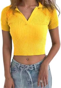 Hyipels Women Knit Crop Polo Shirts,Summer Short Sleeve Ribbed Collared T-Shirt Solid Fitted V Neck Tops Yellow