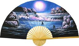 Large 60" Folding Wall Fan - Frolicking Dolphins - Original Hand-Painted