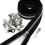 #5 Metallic Nylon Coil Zippers by The Yard,Black Bulk 10 Yards with 25 PCS Silver Sliders Pulls,Metallic Silver Teeth Sewing Zippers for DIY Tailor Sewing Crafts Bags,SHUNLI