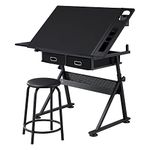 costoffs Adjustable Height Drafting Table Drawing Table Art Desk for Artist with 2 Drawers and Tiltable Tabletop, Black Artist Table with Stool for Painting/Crafting/Work/Study