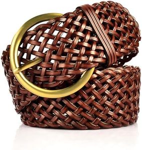 2 Inch Wide Leather Braided Belt for Women Hand Made Soft Woven Waistbands with Gold Round Pin Buckle, Brown, Suit Waist 23-38 inch(58-96cm)