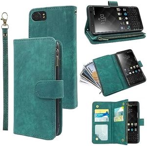 Compatible with BlackBerry KEYone Wallet Case Wrist Strap Lanyard and Premium Vintage Leather Flip Credit Card Holder Stand Cell Accessories Phone Cover for KEY1 KEY 1 One BBB100-1 Women Men Green