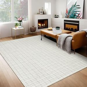 GarveeHome Rugs for Living Room 9x12 Large Rug Non Slip Washable Rug Soft Indoor Non-Shedding Carpet Modern Plaid Accent Rugs Low Pile Foldable Thin Mat for Bedroom Nursery Home Office Light Grey