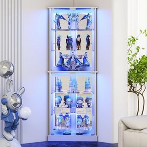 Lamtor 72" Corner Display Cabinet with Glass Doors, 6-Tier Showcase Curio Cabinet for Collectibles with Dynamic LED Lights, Modern Display Case for Living Room, White