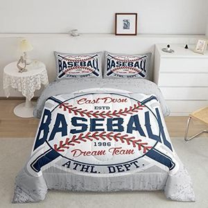 Homewish Baseball Comforter Set Vintage Sports Baseball Bedding Set 3pcs for Kids Boys Teens Sports Theme Duvet Insert Soft Polyester Down Comforter with 2 Pillowcases, Queen Size