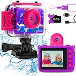 GKTZ Gift for Girls Age 3-14 - Kids Waterproof Camera Digital Video Camera 180 Rotatable 20MP Underwater Camera, Birthday Gift for Girls 4 5 6 7 8 9 Years Old with 32G Card