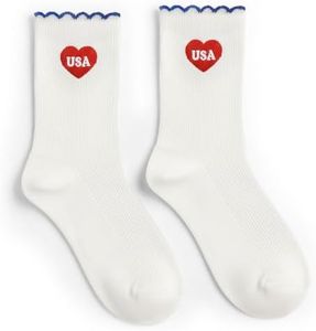 xo, Fetti America 250 USA Socks - White Crew Socks with Red Heart | Patriotic Party Decor, Fourth of July Outfit, America Birthday Gift, USA Celebration, Red White Blue Accessories