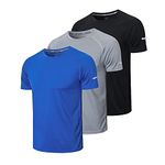 HUAKANG 3Pack Sports Tshirts Men Running Top Short Sleeve Dry Fit T-Shirt Breathable Gym Tee Sport Shirts for Men(520 Black Grey Blue-L)