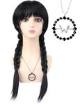 Bettecos Wednesday Wig for Women with Necklace Long Black Braided Heat Resistant Synthetic Pigtails Hair Wigs for Adults Halloween Party Cosplay Costume (Adults Wednesday Wig+Necklace)