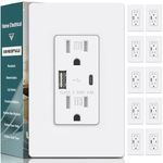 BESTTEN 10 Pack USB Outlet, 15 Amp Wall Outlet with USB Ports, 4.8A/24W USB Receptacle with Type C & Type A Ports, 15A Tamper-Resistant, Screwless Wall Plate Included, cUL Listed, White