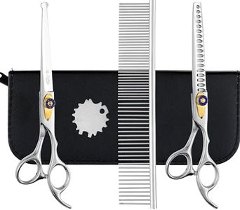 Beauté Secrets 3-in-1 Dog Grooming Scissors Kit with safety round-tip stainless steel titanium-coated trimmers (7-inch round-tip and chunking scissors) and a 7-inch double-teeth comb