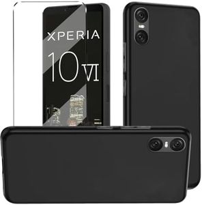 HuiYouMY 2-in-1 Case Compatible with Sony Xperia 10 VI Cover with 1 Pack Tempered Glass Screen Protector for Sony Xperia 10 VI, Slim Fit Soft TPU Shockproof Anti-Scratch Phone Case Cover - Black