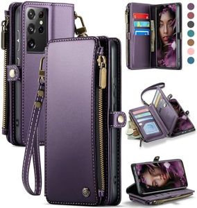 Defencase Compatible with Samsung Galaxy S21 Ultra Case Wallet with RFID Blocking Card Holder for Women Men, PU Leather Magnetic Snap Flip Zipper Strap Wallet Case Fit for Galaxy S21 Ultra 5G, Purple
