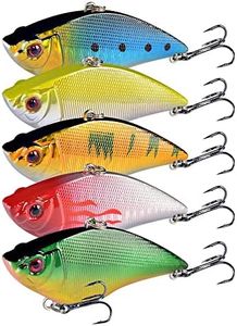 SunMine 5pcs Fishing Lures 2.76in/0.57oz Fishing Bass Lures VIB Lure Shallow Swimbait Crankbait with Treble Hook 3D Fishing Eyes for Bass Trout Freshwater and Saltwater