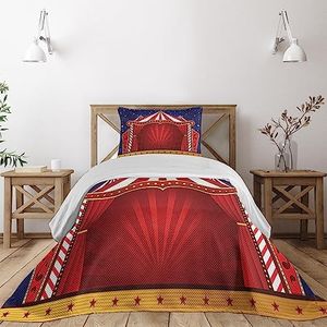 Ambesonne Circus Coverlet, Canvas Tent Circus Stage Performing Theater Jokes Clown Cheerful Night Theme, 2 Piece Decorative Quilted Bedspread Set with 1 Pillow Sham, Twin Size, Blue Vermilion