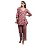 JISORA Women's Hand Printed Pure Organic Cotton Wine Night Wear Angarakha Top and Pajama Night Suit Set