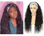 Sapphirewigs Curly Headband Wig Long Black Synthetic Wig Loose Water Wave Headband Wigs for Women Glueless 150% Density 26inch