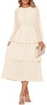 ZESICA Women's 2024 Long Sleeve Crew Neck Ruffle Tiered Layered Chiffon Flowy Swing Long Midi Dress,Apricot,Large