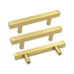 goldenwarm 10Pack Gold Cabinet Pulls Kitchen Hardware Drawer Pulls Knobs - LS1212GD76 Square T Bar Cupboard Door Handles 3 Inch Hole Spacing Brushed Brass Bathroom Dresser Furniture Pulls