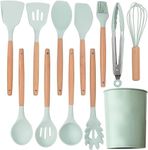 12 Pcs Silicone Cooking Utensils Kitchen Utensil Set - 446°F Heat Resistant,Turner Tongs, Spatula, Spoon, Brush, Whisk, Wooden Handle Pistachio Green Kitchen Gadgets with Holder for Nonstick Cookware