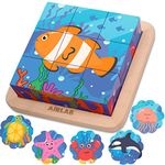 Wooden Block Puzzles for Kids Montessori Toys for Toddlers Educational Preschool Learning Sea Animals Cube Puzzle with Storage Tray - 6 Puzzles in 1