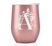 Onebttl Personalised Tumblers with Lids for Women, Monogrammed Coffee Cup with Initial A, Gifts for Her, Girls, Friends, Mum, Bridesmaids, Sisters, Rose Gold