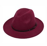 vipolish Women Classic Wide Brim Fedora Hat Belt Buckle Felt Wool Blend Panama Trilby Hat Derby Cap Wine Red