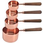 Goeielewe Set of 4 Stainless Steel Measuring Cups, Copper Plated Nesting Measuring Cup Set with Walnut Wood Handle for Dry and Liquid Ingredients (Cups Set: 1/4, 1/3, 1/2, 1 Cup)
