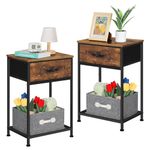 Nightstand Set of 2, Industrial End Tables Bedroom, Retro Bedside Tables with Fabric Drawer and Storage Shelf, Side Table for 2Living Room Guest Room, Rustic Brown Wooden Look Black Metal Frame