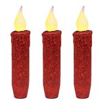 CVHOMEDECO. Glitter Flameless Candles Flickering Battery Operated LED Taper Candles with Timer for Home, Wedding, Halloween, Christmas Decor. Red, 4-3/4 Inch, Set of 3