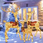 HOYECHI Lighted Christmas Decoration Reindeer Family - Light up Reindeer 3 Set with 210 Lights - Outdoor Yard Decoration Kit Including 3-Piece Deer, Stakes, and Extension Cord