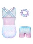 JiAmy Gymnastics Leotards for Girls with Cross Back, Sparkly Dance Unitards with Shorts Biketards Outfit for 3-12 Years, Purple Fish, 8-9 years