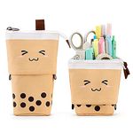 Cute Standing Pencil Case for Kids, Pop Up Pencil Box Makeup Pouch, Christmas Gift Kids Corduroy Pen Holder Organizer Cosmetics Bag, Kawaii Stationary (Brown)