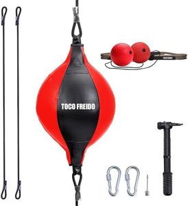 TOCO FREIDO Double End Punching Bag Kit | PU Leather Ball Set with Adjustable Cords, Pump, Boxing Equipment for Home & Gym - Kit, Equipment, Floor to Ceiling, Red