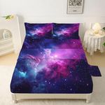 FUYEUN Purple Galaxy Bedding Set Full Kids Teens Girls Boys Starry Sky Fitted Sheet Space Universe Star Design, Microfiber Home Decorative 4 Pcs Bedding Decor Set with 1 Flat & 2 Pillowcases