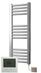 Greened House Electric Chrome 300W x 800H Flat Towel Rail + Timer and Room Thermostat Bathroom Towel Rails