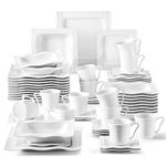 MALACASA Plates and Bowls Set, 60-Piece Square Porcelain Dinner Sets for 12 People, White Dinnerware Sets with 12 Piece Dinner Plates/Dessert Plates/Soup Plates/Cups and Saucers, Series Mario