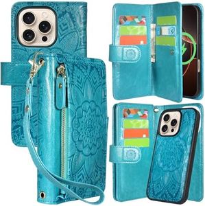 Harryshell for iPhone 16 Pro 6.3 inch Detachable Magnetic Case Wallet,Compatible with Magsafe Wireless Charging, [Theft-Scan Blocking] Card Slots, Cash Zipper Pocket Wrist Strap (Floral Blue Green)