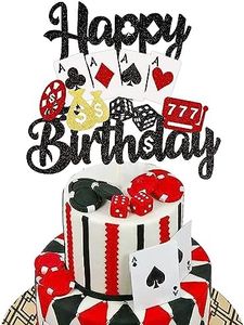 SYKYCTCY 1 Pack Casino Cake Topper Poker Game Chips Player Happy Birthday Cake Pick Decorations for Las Vegas Casino Night Theme Birthday Party Supplies