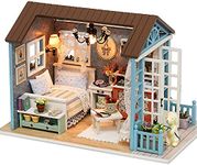 DIY Miniature House Kits with Furniture and LED Lights, CUTEROOM 3D Wooden Dolls House Kits to Build for Teens Adults Birthday Merry (Blue Time)