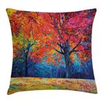 Ambesonne Nature Pillow Cushion Cover Pack of 2, Colorful Trees and Falling Autumn Leaves Seasonal Art Picture, Decorative Square Accent Pillow Case, 2 Pcs-18" x 18", Vermilion Navy Blue